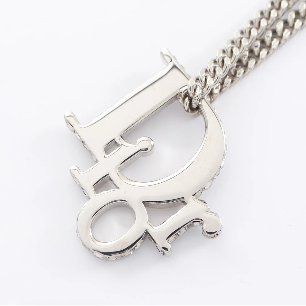 Christian Dior, Oblique Pendant Necklace, Silver Toned Brass w/ Crystals